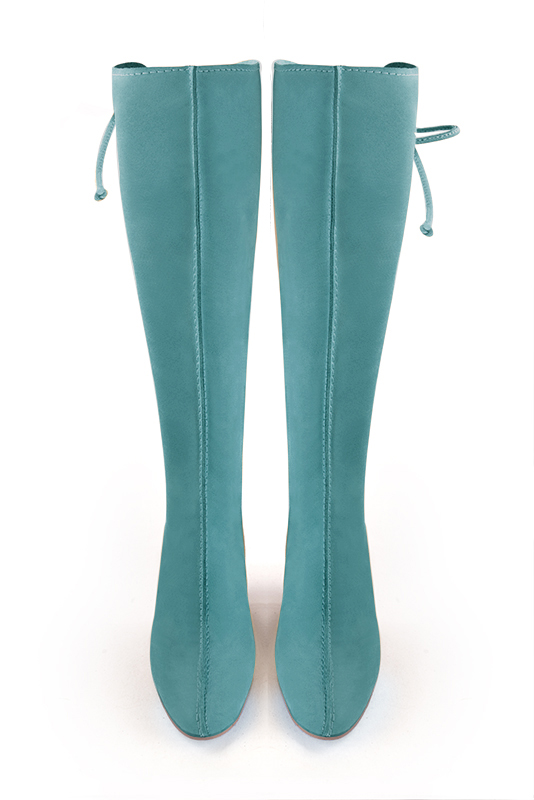 Aquamarine blue women's knee-high boots, with laces at the back. Round toe. Low block heels. Made to measure. Top view - Florence KOOIJMAN